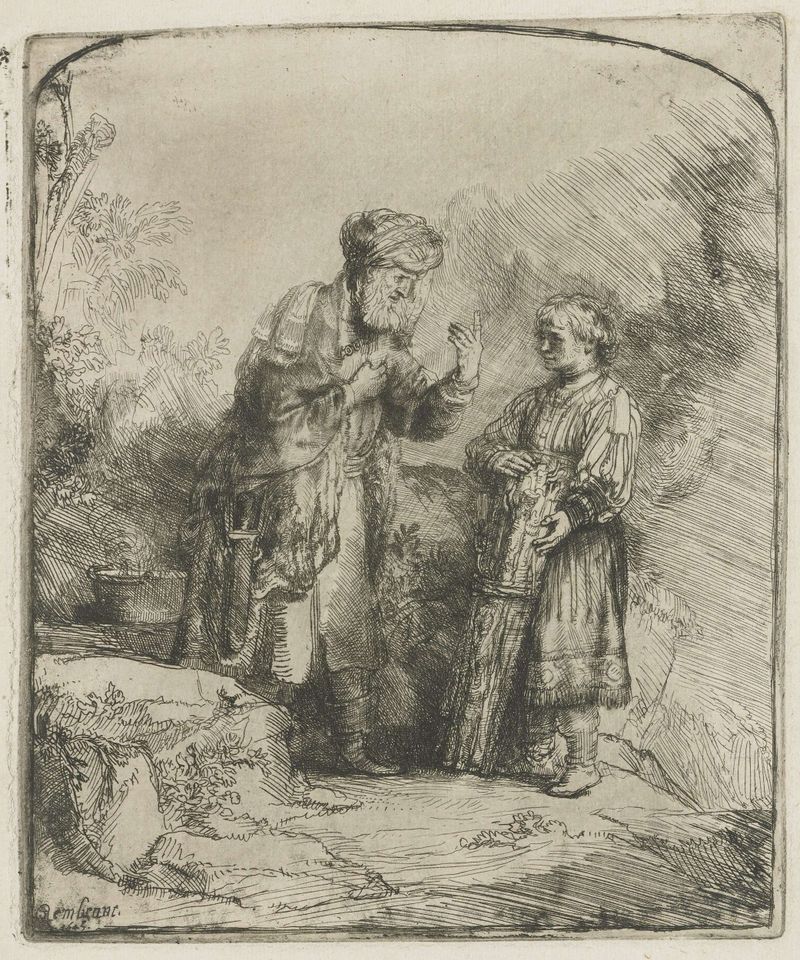 Abraão e Isaque, gravura de Rembrandt van Rijn, retratando um pai e um filho na luz dourada quente.
