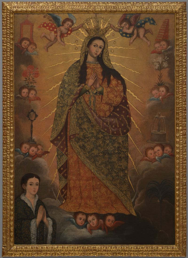 Cena religiosa representando A Virgem do Milagre com um Dono, meio em ouro, artista não identificado