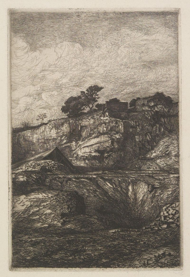 Paisagem de François-Nicolas Chifflart, óleo sobre tela com um riacho sereno e vegetação exuberante.