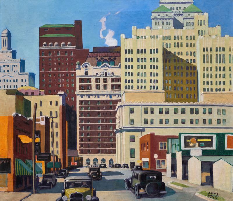 Paisagem urbana vibrante de Lloyd Sargent, óleo sobre tela