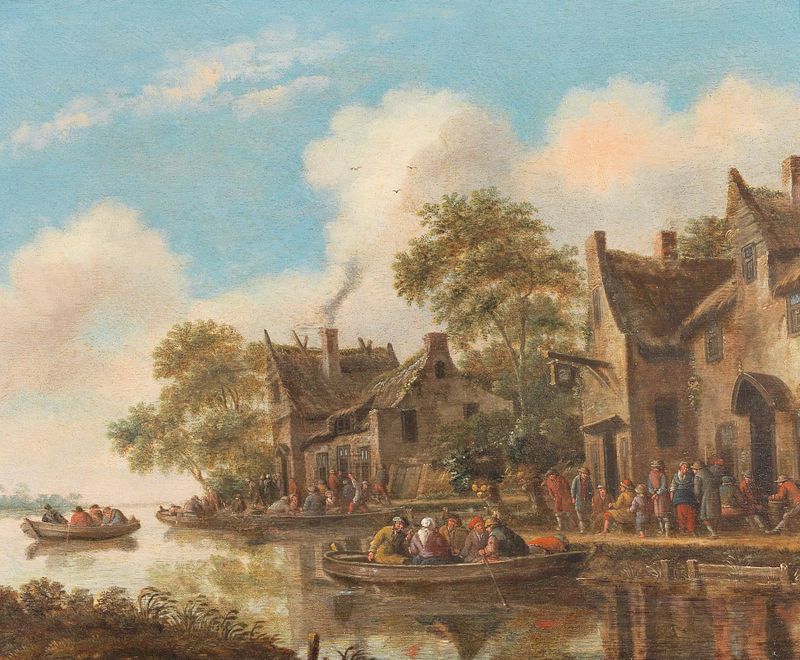 Paisagem do rio com barcos de balsa e uma taverna, óleo sobre tela de Thomas Heeremans