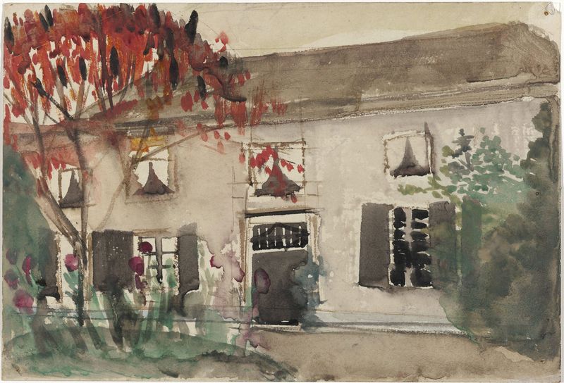 Paisaje con una casa y un árbol rojo, pintura al óleo de Carel Adolph Lion Cachet