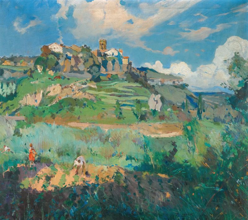 Paisagem da vida na aldeia em El Pueblo, San Quirce De Valles de Joaquin Mir Trinxet, óleo sobre tela