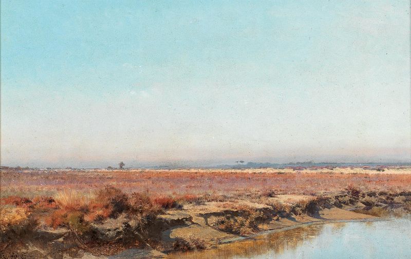 Landscape oil painting by Ivan Petrovich Pranishnikoff featuring rolling hills and a lavender sky.