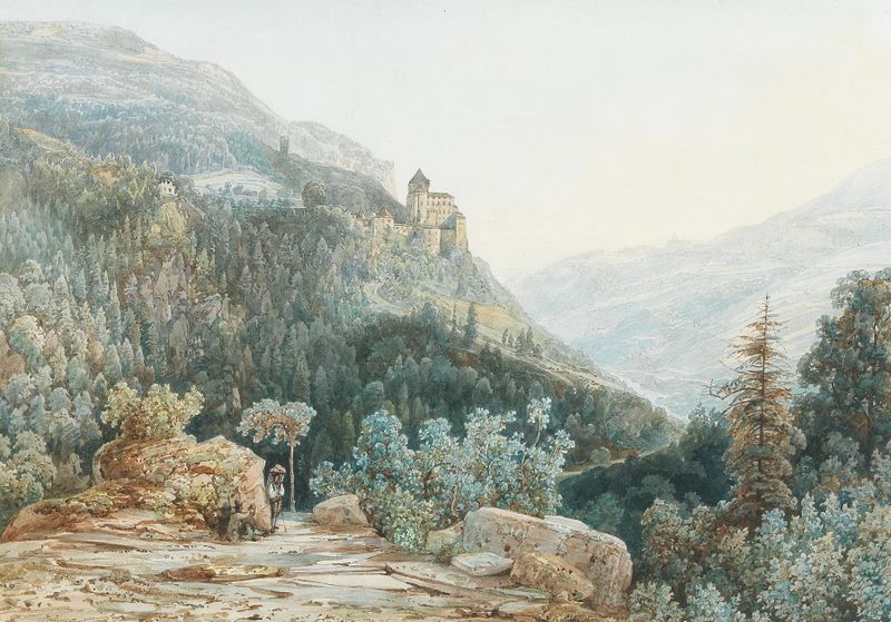 Die Trostburg im Eisacktal em Südtirol, óleo sobre tela de Thomas Ender, apresentando um castelo e montanhas cobertas de n...