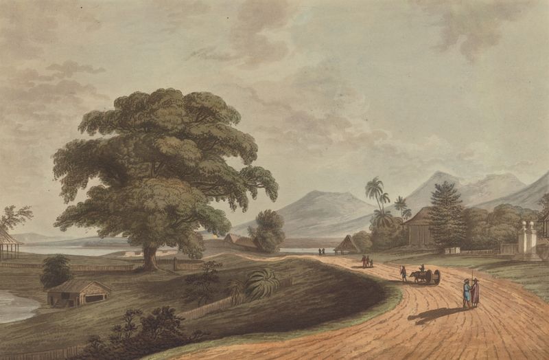 Engraving by Joseph Constantine Stadler depicting Fort Marlborough surrounded by lush greenery