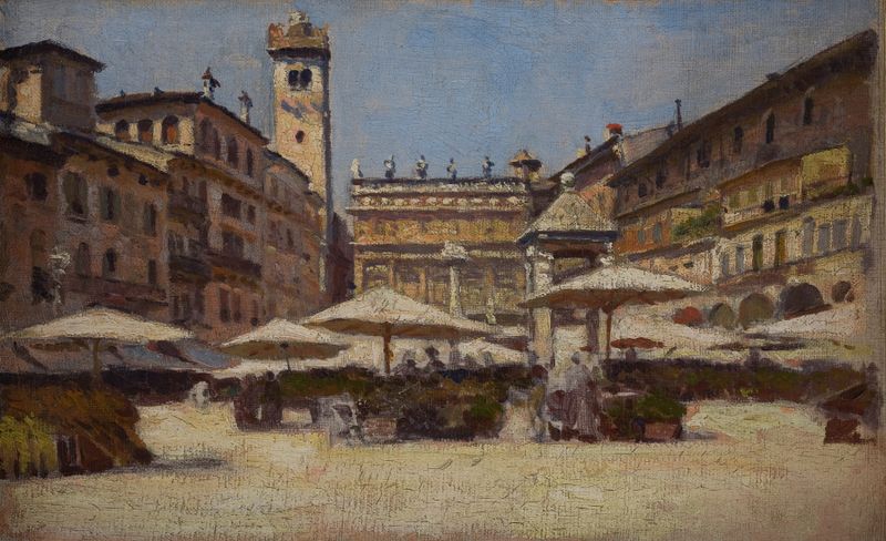 Piazza delle Erbe in Verona, oil on canvas by Aleksander Gierymski