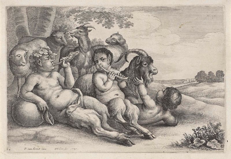 Grabado de Wenceslaus Hollar que muestra sátiros con ovejas y cabras en una escena pastoral.