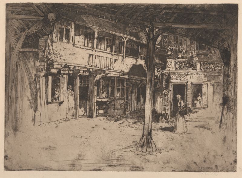 Cour des Bons Enfants, Rouen grabado de David Young Cameron mostrando un arco y piedra.