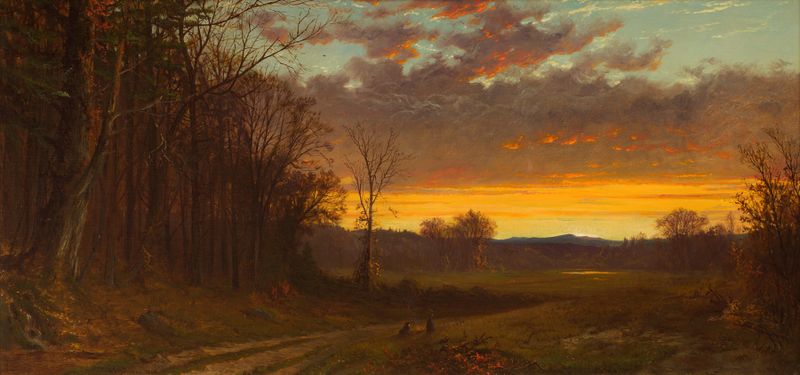 Twilight in the Wilderness, pintura al óleo de Alfred Thompson Bricher, que representa un atardecer sobre montañas y un la...