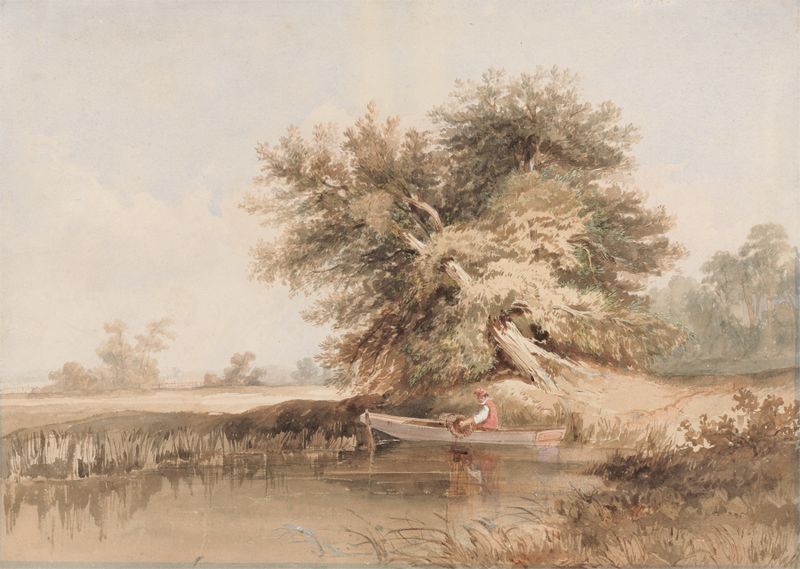 Pintura figurativa a óleo de Charles Turner Warren que retrata um apanhador de enguias à beira da água.