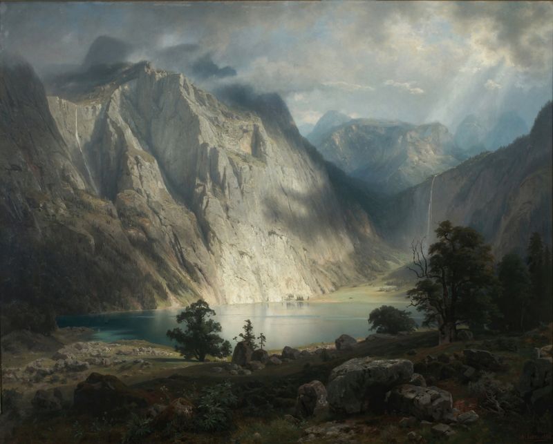 Obersee bei Berchtesgaden by August Wilhelm Leu, oil on canvas depicting a tranquil lake and mountains.