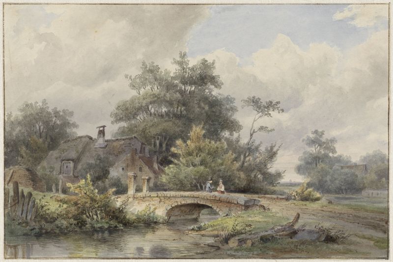 Landschap met stenen brug bij een huis, pintura a óleo de Barend Cornelis Koekkoek