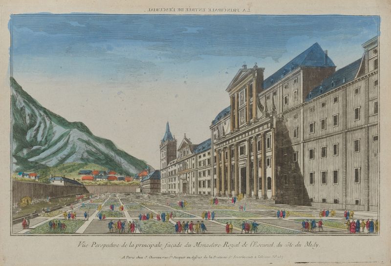 Vista en perspectiva del Monasterio Real de El Escorial, tinta sobre papel, artista desconocido
