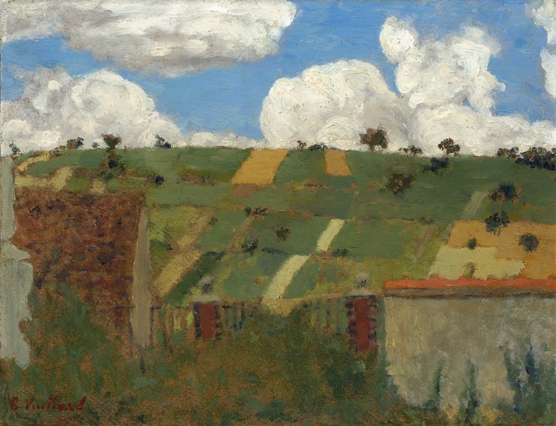 Landscape of the Ile-de-France by Édouard Vuillard, oil painting depicting hills and wildflowers.