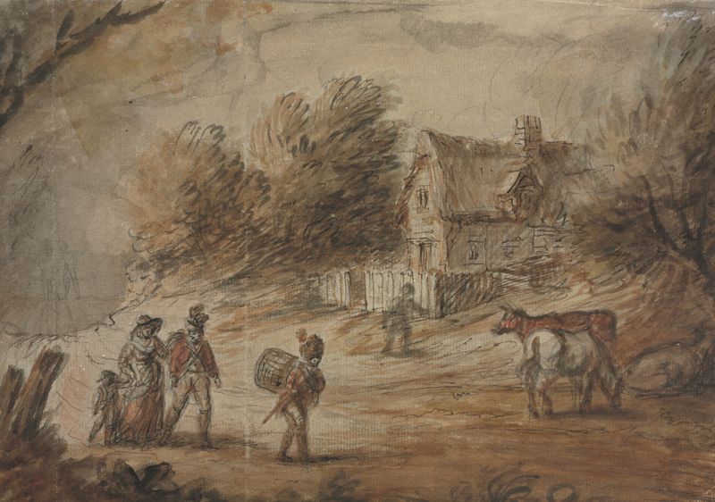 Country Scene with Soldiers, óleo sobre tela de Henry William Bunbury, retratando soldados em uma paisagem vibrante.
