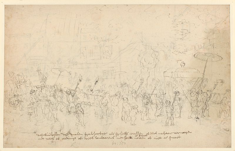 Genre scene depicting a festive procession in Bruiloftsstoet by Wouter Schouten, oil painting