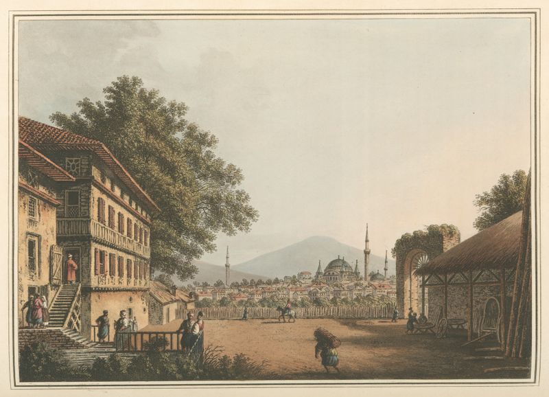 Aquarela de Luigi Mayer representando uma paisagem com colinas e vegetação