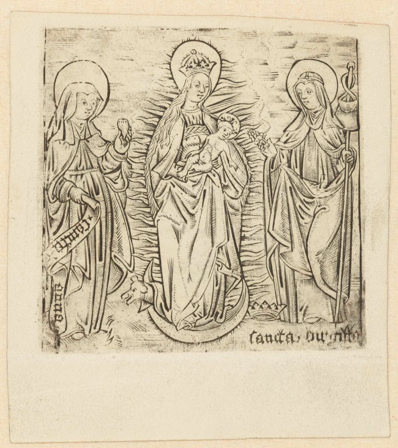 Grabado de Madonna met heilige Anna en Brigitta por Unknown Artist que representa a la Madonna y Santa Ana.