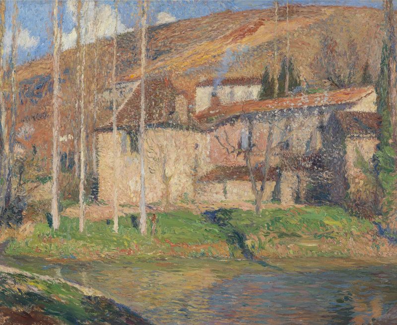 Pintura al óleo de Henri Martin que representa un río y un pueblo en un paisaje sereno