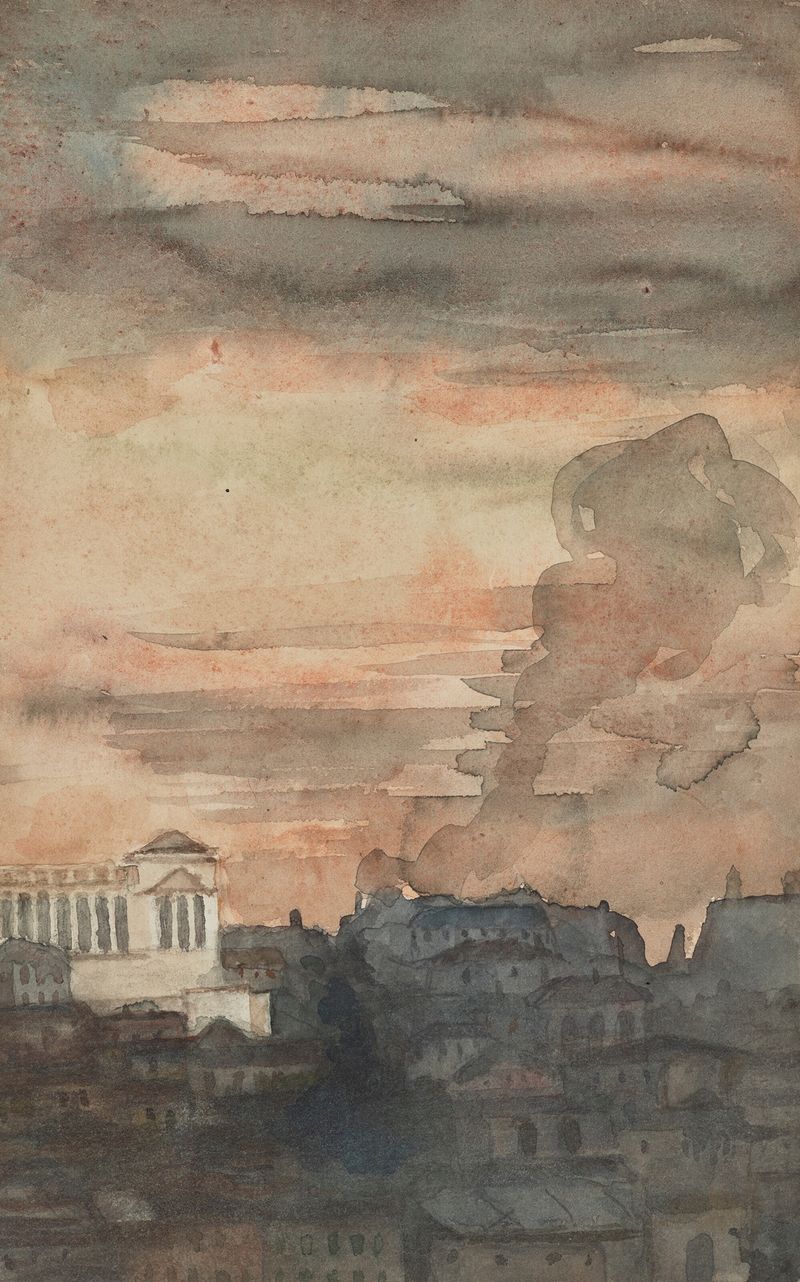 Landscape of Rome at sunset featuring the Vittorio Emanuele II Monument, oil painting by Albert Besnard.