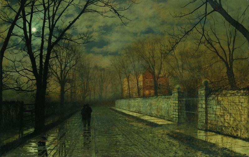 Figures in a moonlit lane after rain, oil painting by John Atkinson Grimshaw