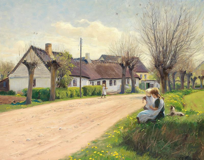 Impressionist oil painting by Hans Andersen Brendekilde depicting girls among wildflowers in a village.