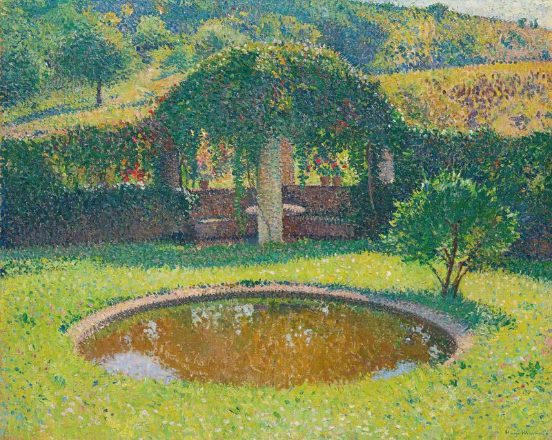 Pintura impresionista de Henri Martin que muestra una escena de jardín con agua y luz moteada.