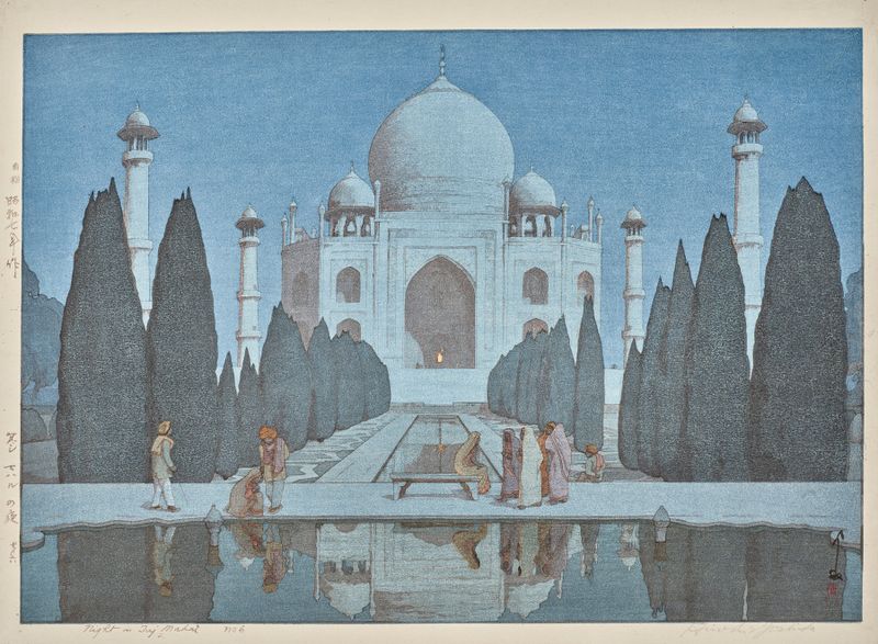 Grabado en madera de Yoshida Hiroshi que representa el Taj Mahal de noche