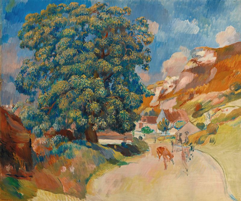 Le Grand Arbre Au Bord De La Route, pintura a óleo de Pierre-Auguste Renoir, retratando uma árvore ao lado de uma estrada.