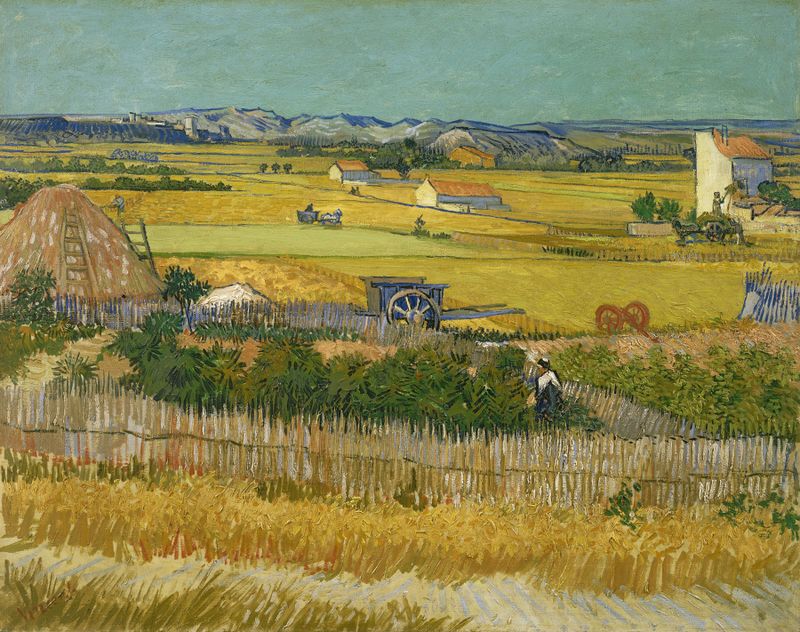 La Cosecha de Vincent van Gogh, óleo sobre lienzo que muestra campos de trigo dorados bajo la luz del sol.