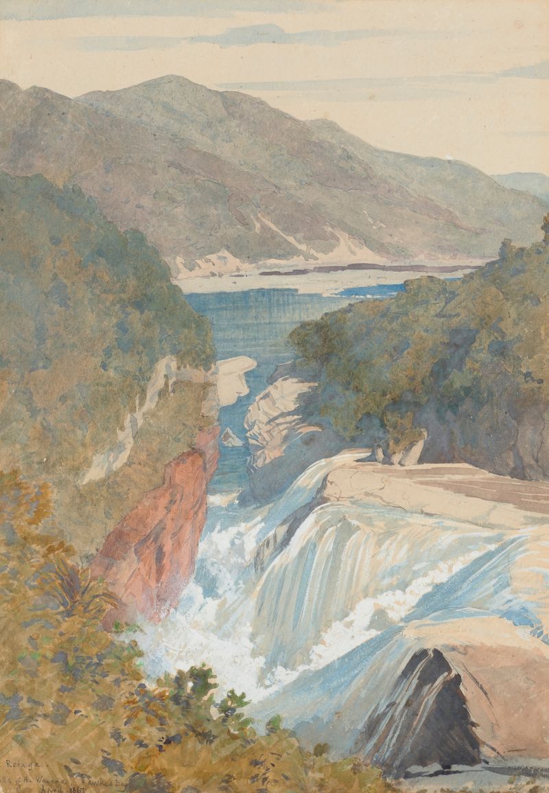 Waterfall cascading over rocks in Te Reinga, Falls of the Wairoa by James Crowe Richmond, oil painting