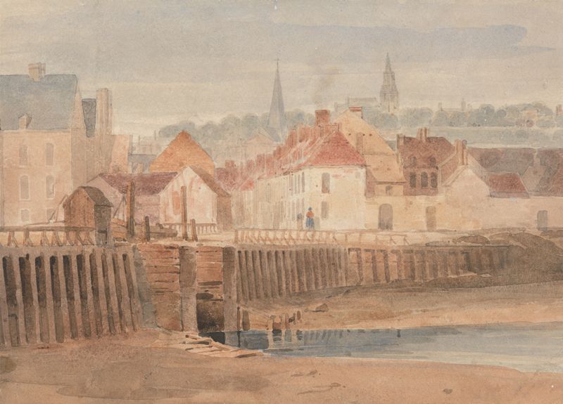 Boulogne Harbor de Richard Parkes Bonington, pintura a óleo de uma cena marinha tranquila.