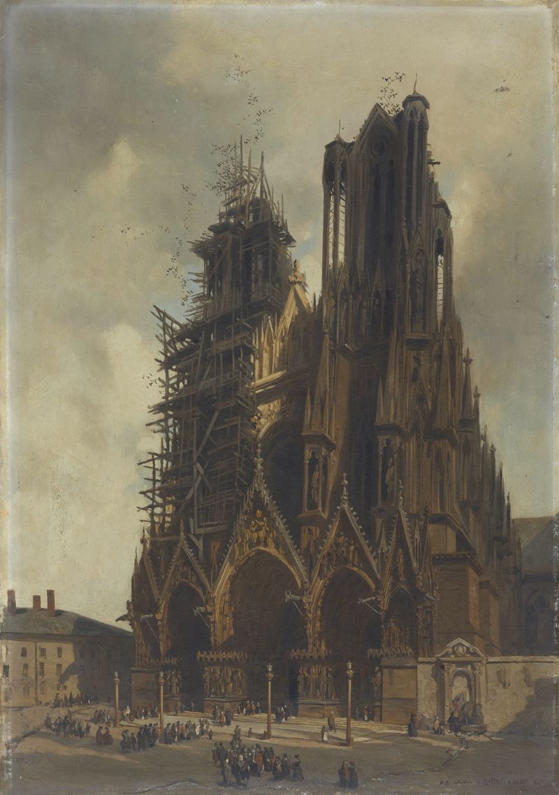 La Cathédrale de Reims, óleo sobre lienzo de Adrien Dauzats, con altas agujas y luz.