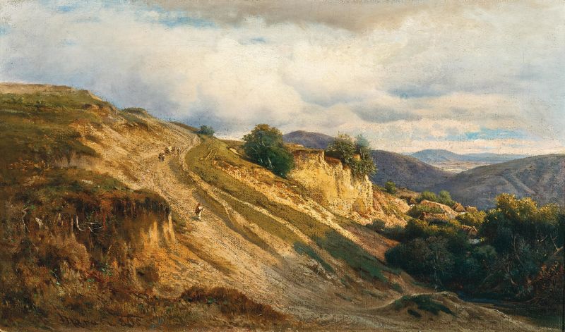 A Scene on the Váh River de Julius Eduard Mařák, óleo sobre tela, retratando águas tranquilas e árvores