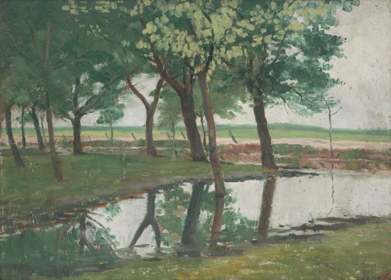 Na kraji lesa by Ján Thain, oil painting depicting a forest with golden light and green leaves.