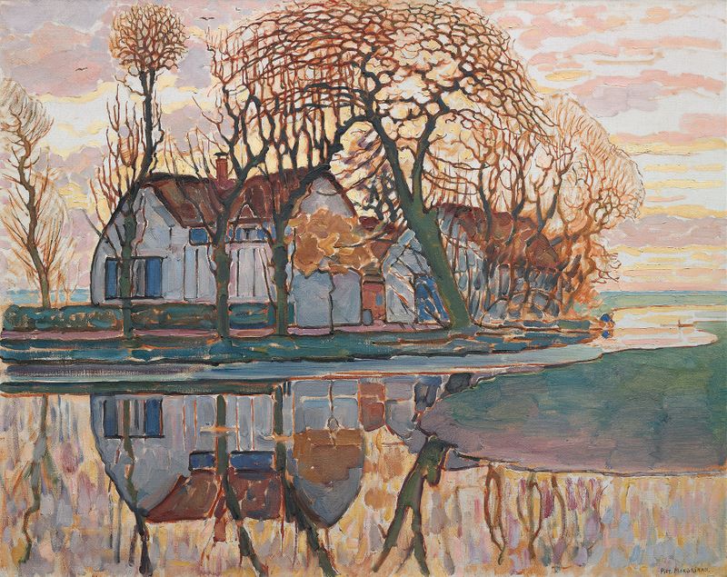 Farm near Duivendrecht by Piet Mondrian, oil painting depicting a vibrant landscape