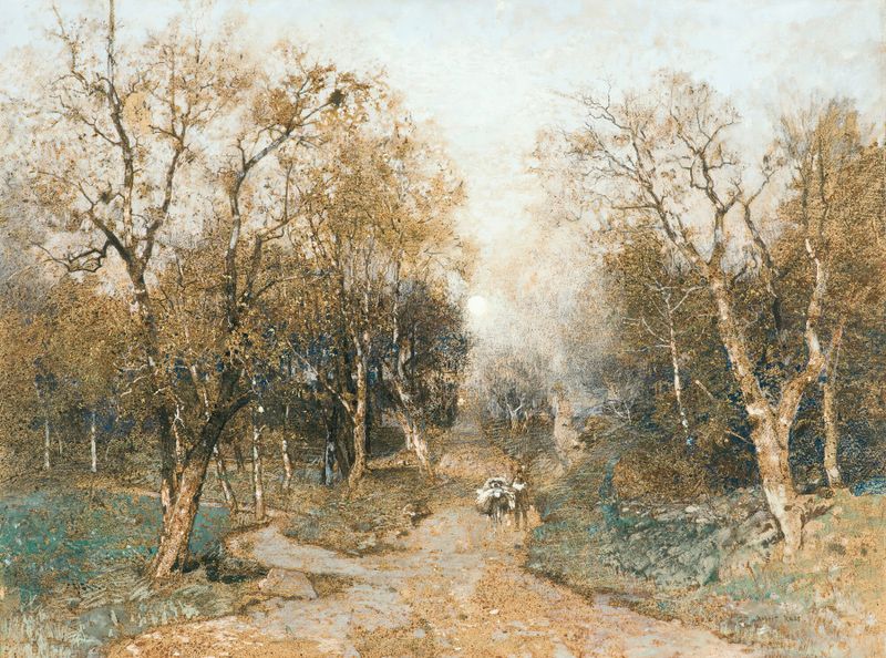 Early Spring, Penzinger Au de Robert Russ, óleo sobre lienzo que muestra un paisaje sereno con verdes suaves y luz.