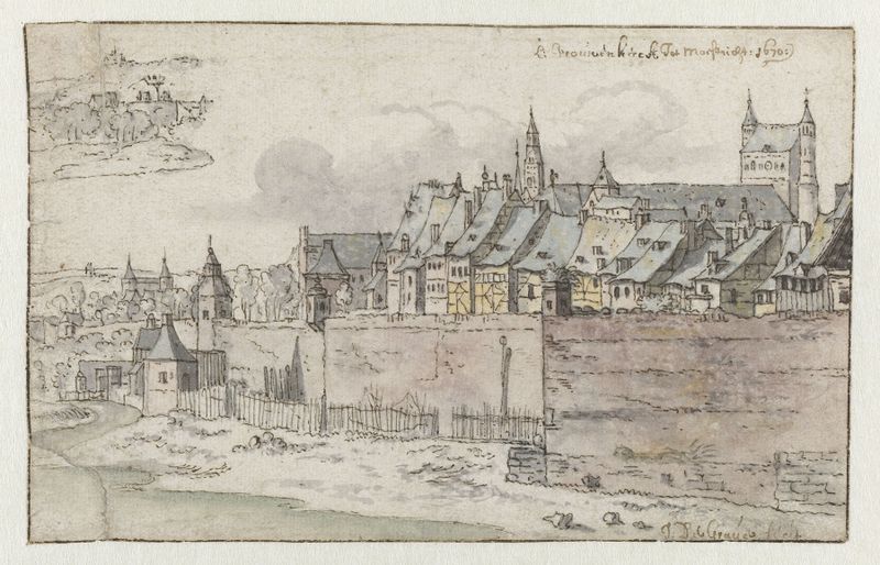 Landscape depicting the Walls of Maastricht and Onze-Lieve-Vrouwekerk by Josua de Grave, oil painting