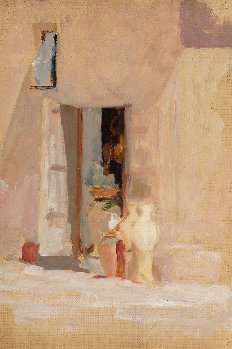 Espanha (Elche) de Jan Ciągliński, pintura a óleo com girassóis e uma paisagem vibrante.