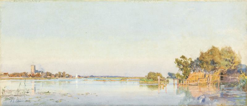 Christ Church Ferry by Frederick George Cotman, watercolor on paper, depicting a ferry on a tranquil river.