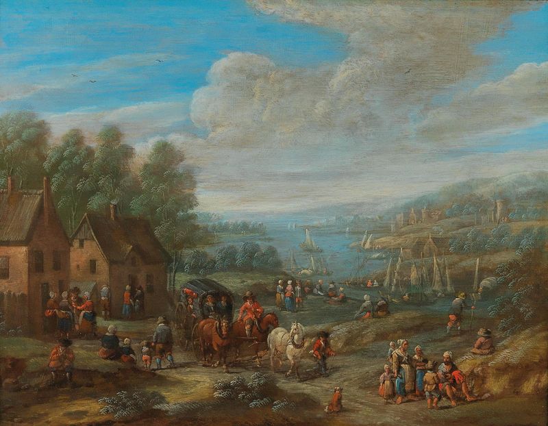 River landscape with a village and travellers, oil on canvas by Karel Breydel
