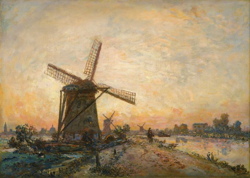 Paisagem com pôr do sol e água, óleo sobre tela de Johan Barthold Jongkind