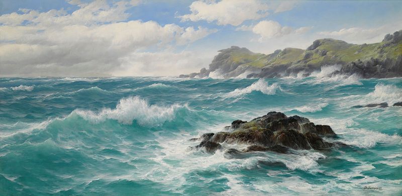Waves Off The Cornish Coast by David James, oil painting depicting rolling waves and shimmering light.