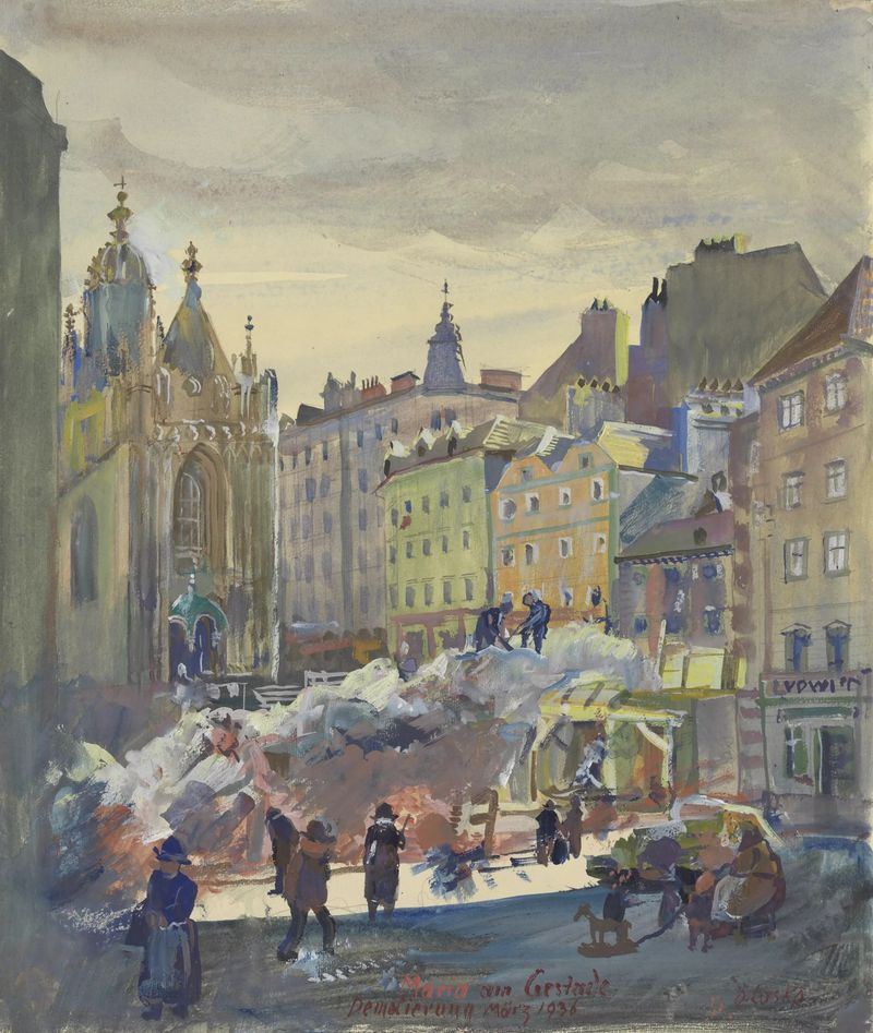 Pintura a óleo de Oskar Laske retratando uma paisagem tranquila com tons suaves.