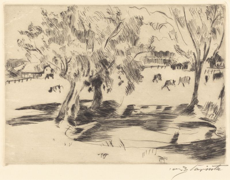 Paisaje con Vacas de Lovis Corinth, pintura al óleo de vacas pastando en un paisaje exuberante.