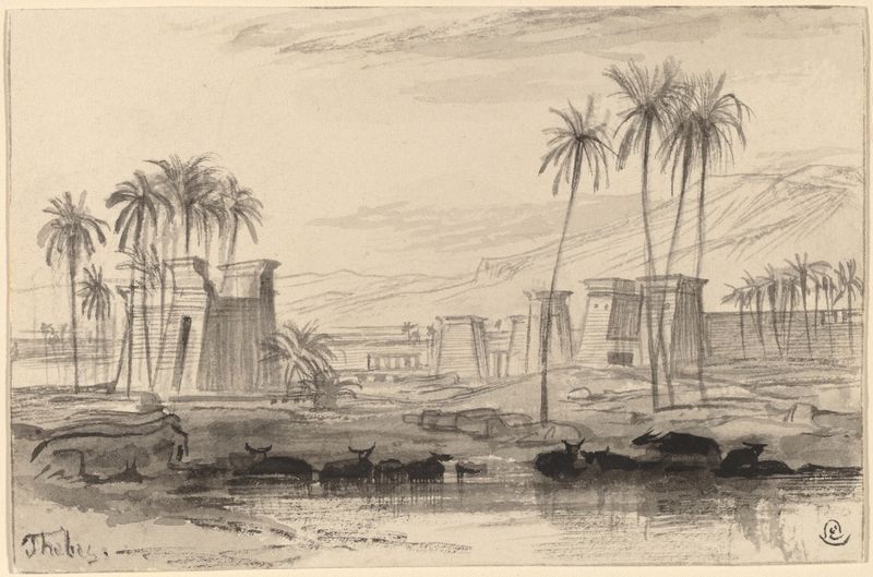 Paisagem de Thebes de Edward Lear, 1884-1885, com ruínas antigas e um céu azul.