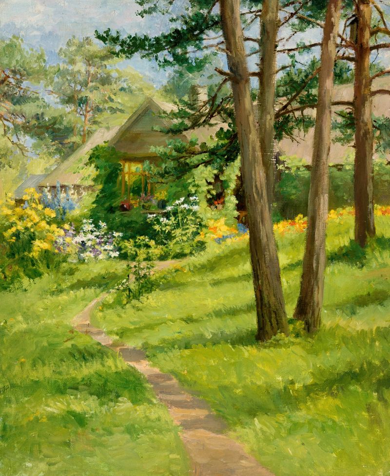 Suvemaastik by Lilly Walther, Impressionism, depicting a tranquil landscape with green and earth tones.
