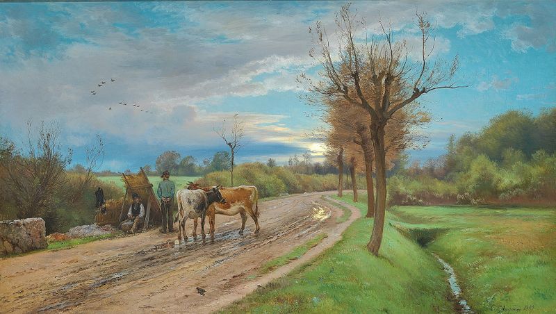 Genre scene depicting a farmer and wayfarer conversing under moonlight, by Carl Frederik Aagaard.