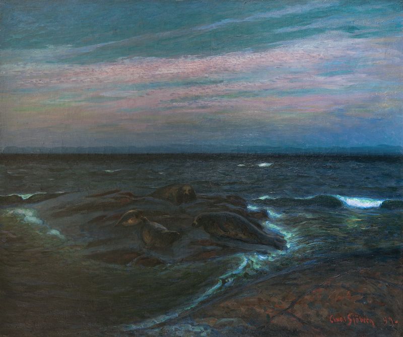 Seal Rock de Axel Sjöberg, pintura a óleo que retrata um pôr do sol sobre o oceano